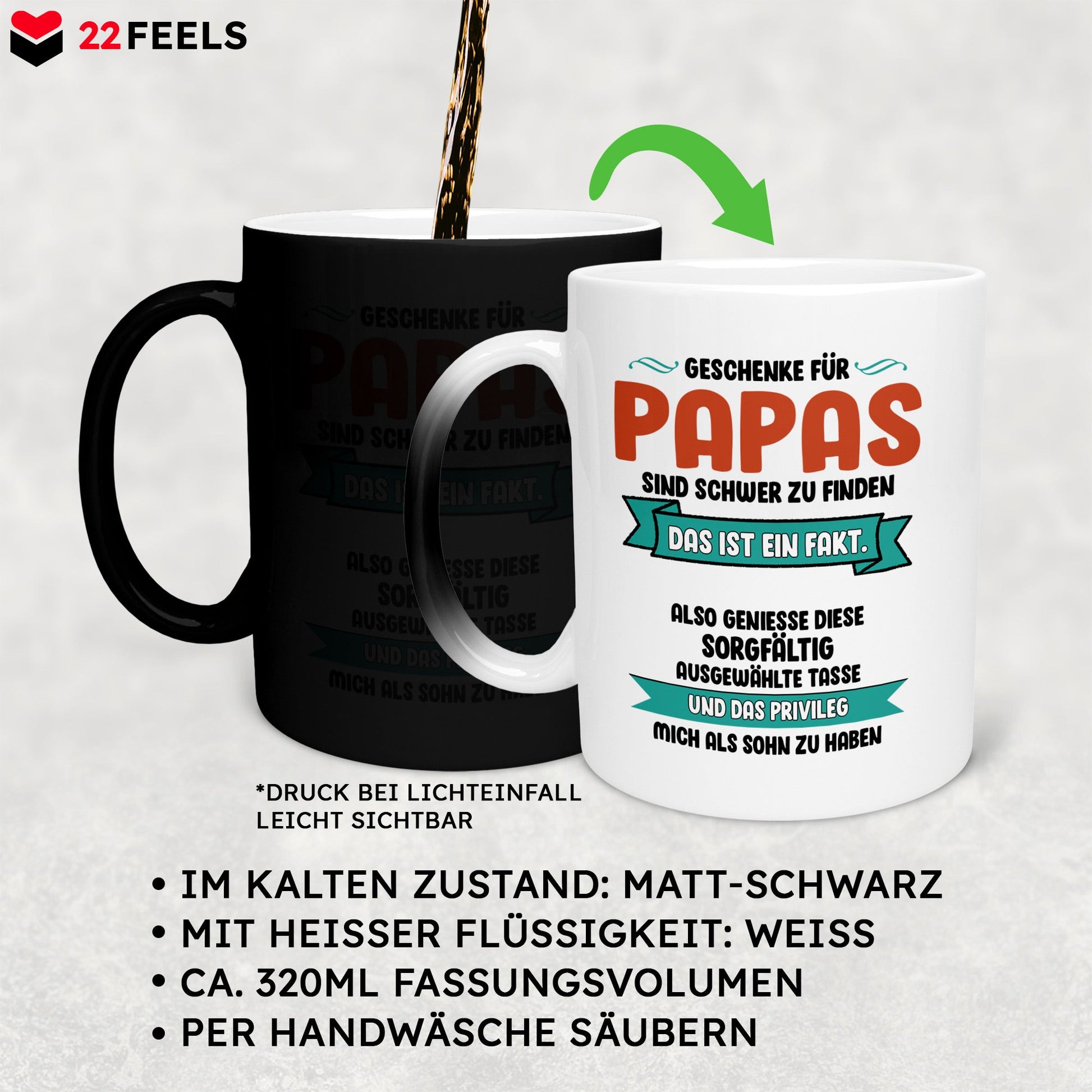 22Feels® Papa Geschenk - Zaubertasse mit Spruch (Matt-Schwarz und Weiss, 320ml)-Farbwechsel Tasse Matt 320ml-22Feels