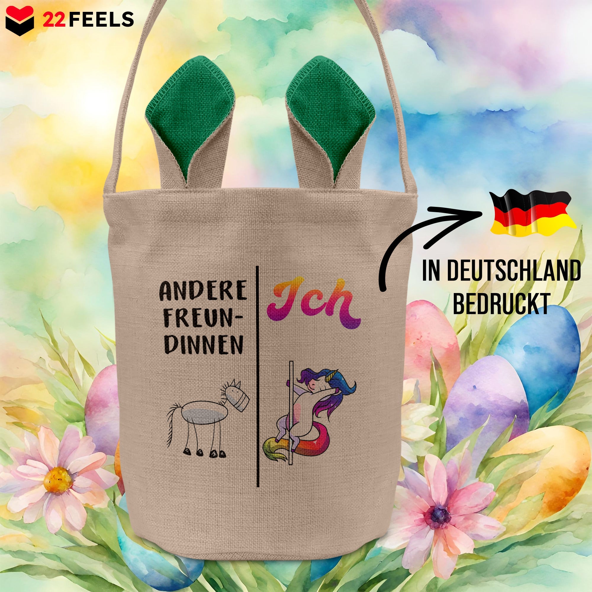 22Feels® Freundin Paar Osterkorb mit Henkel Ostergeschenk Tragetasche Ostern Deko Osternest Körbchen Hasenohren (Beige/Grün)-Ostern Tragetasche-22Feels