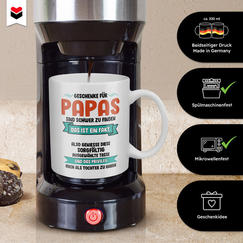 22Feels® Geschenk für Papa von Tochter - Spruch: Geschenke Sind Schwer Zu Finden (Weiss, 320ml)-Weisse Tasse 320ml-22Feels