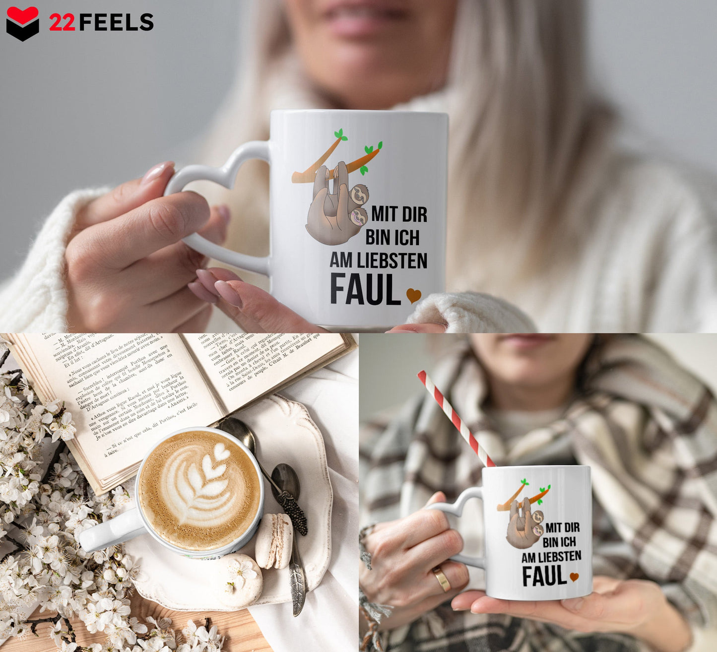 22Feels® Paar Geschenk zum Jahrestag, Hochzeitstag, Valentinstag etc. - Tasse mit Spruch: Mit dir bin ich am liebsten faul (Herzhenkel, Weiss, 320ml)-Tasse Weiss Herzhenkel 320ml-22Feels