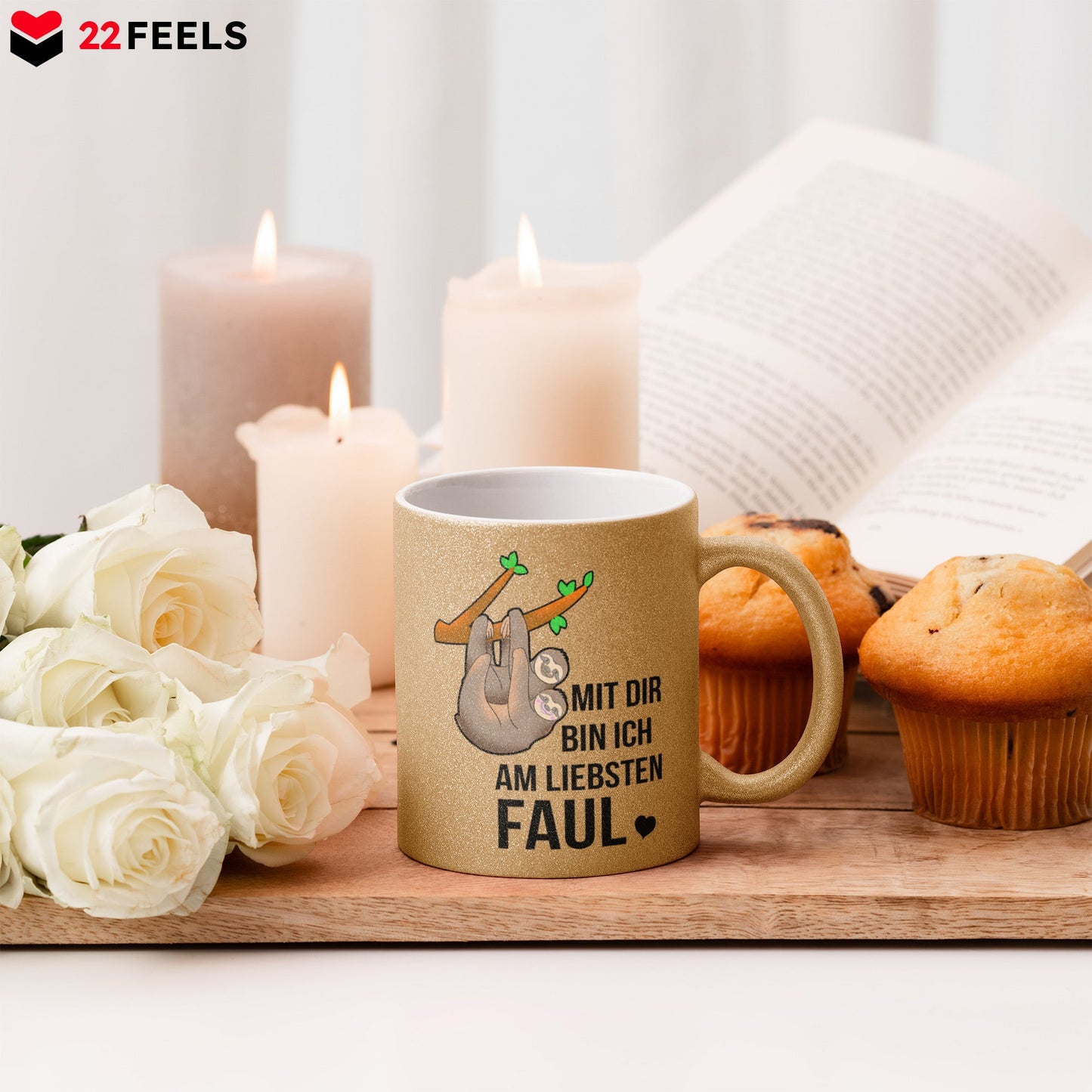 22Feels® Pärchen Geschenk zum Jahrestag, Hochzeitstag, Valentinstag etc. - Glitzertasse mit Spruch (Gold, 320ml)-Glitzertasse Gold 320ml-22Feels