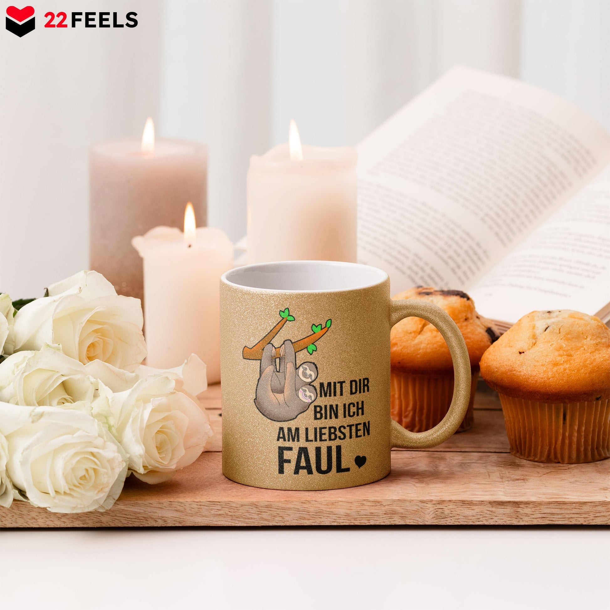 22Feels® Pärchen Geschenk zum Jahrestag, Hochzeitstag, Valentinstag etc. - Glitzertasse mit Spruch (Gold, 320ml)-Glitzertasse Gold 320ml-22Feels