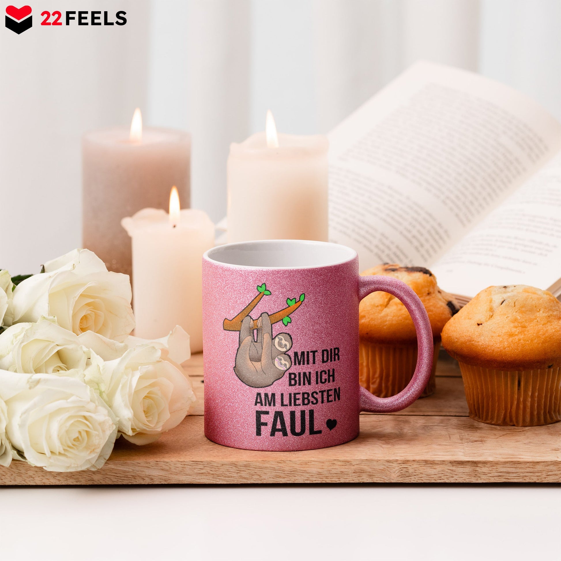 22Feels® Pärchen Geschenk zum Jahrestag, Hochzeitstag, Valentinstag etc. - Glitzertasse mit Spruch (Pink, 320ml)-Glitzertasse Pink 320ml-22Feels