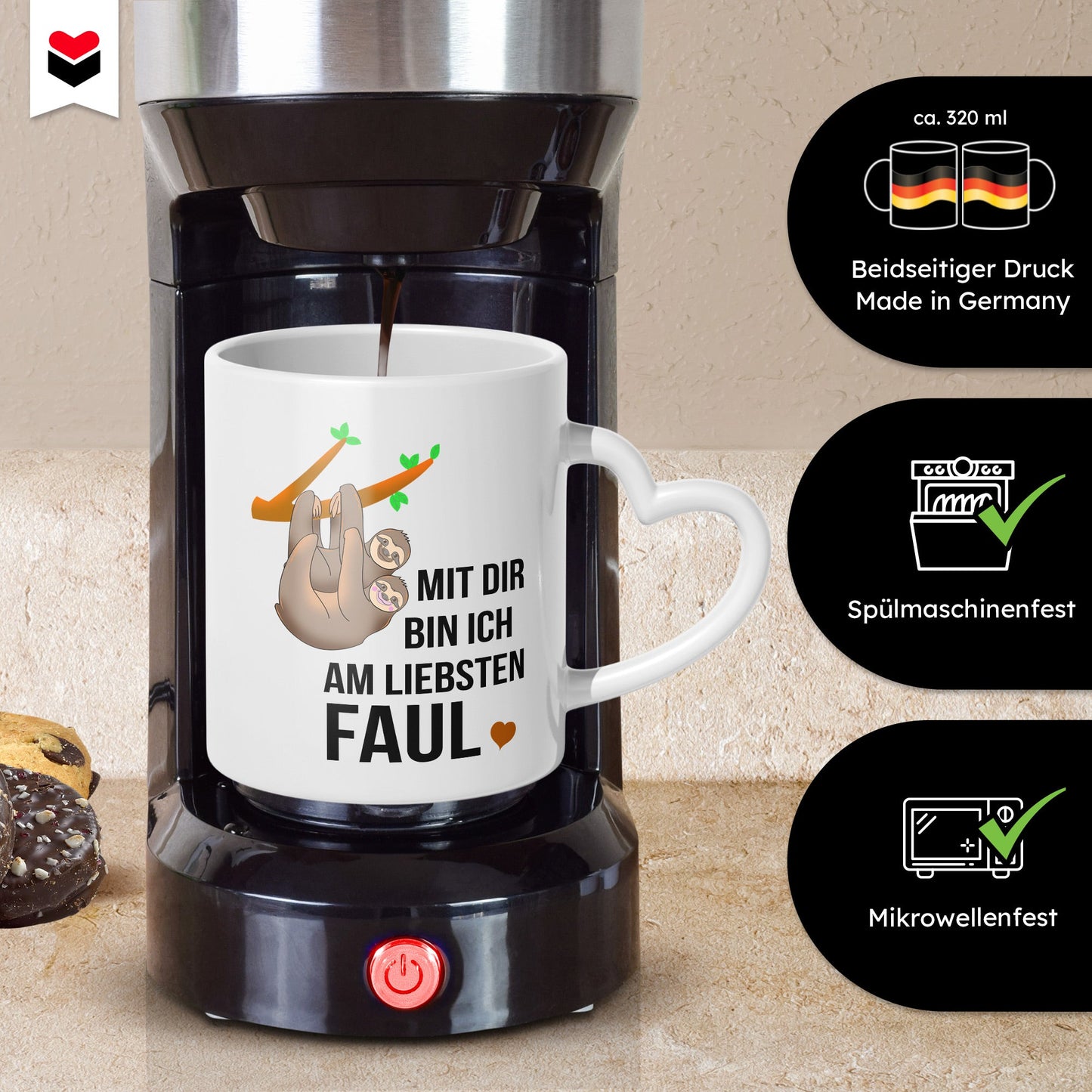 22Feels® Paar Geschenk zum Jahrestag, Hochzeitstag, Valentinstag etc. - Tasse mit Spruch: Mit dir bin ich am liebsten faul (Herzhenkel, Weiss, 320ml)-Tasse Weiss Herzhenkel 320ml-22Feels