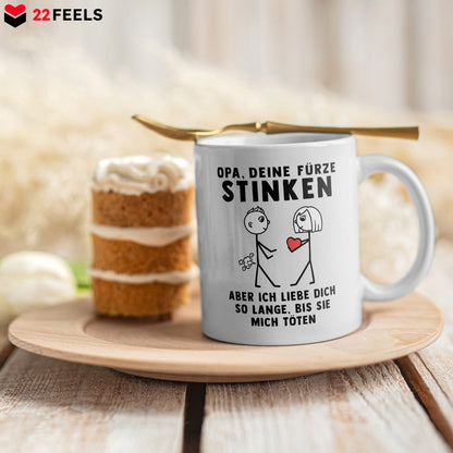 22Feels® Grossvater Geschenk von Enkelin - Spruch-Tasse ORIGINAL - Opa, Deine Fürze Stinken (Weiss, 320ml)-Weisse Tasse 320ml-22Feels
