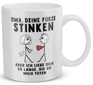 22Feels® Grossmutter Geschenk von Enkel - Spruch-Tasse ORIGINAL - Oma, Deine Fürze Stinken (Weiss, 320ml)-Weisse Tasse 320ml-22Feels