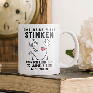 22Feels® Grossmutter Geschenk von Enkel - Spruch-Tasse ORIGINAL - Oma, Deine Fürze Stinken (Weiss, 320ml)-Weisse Tasse 320ml-22Feels
