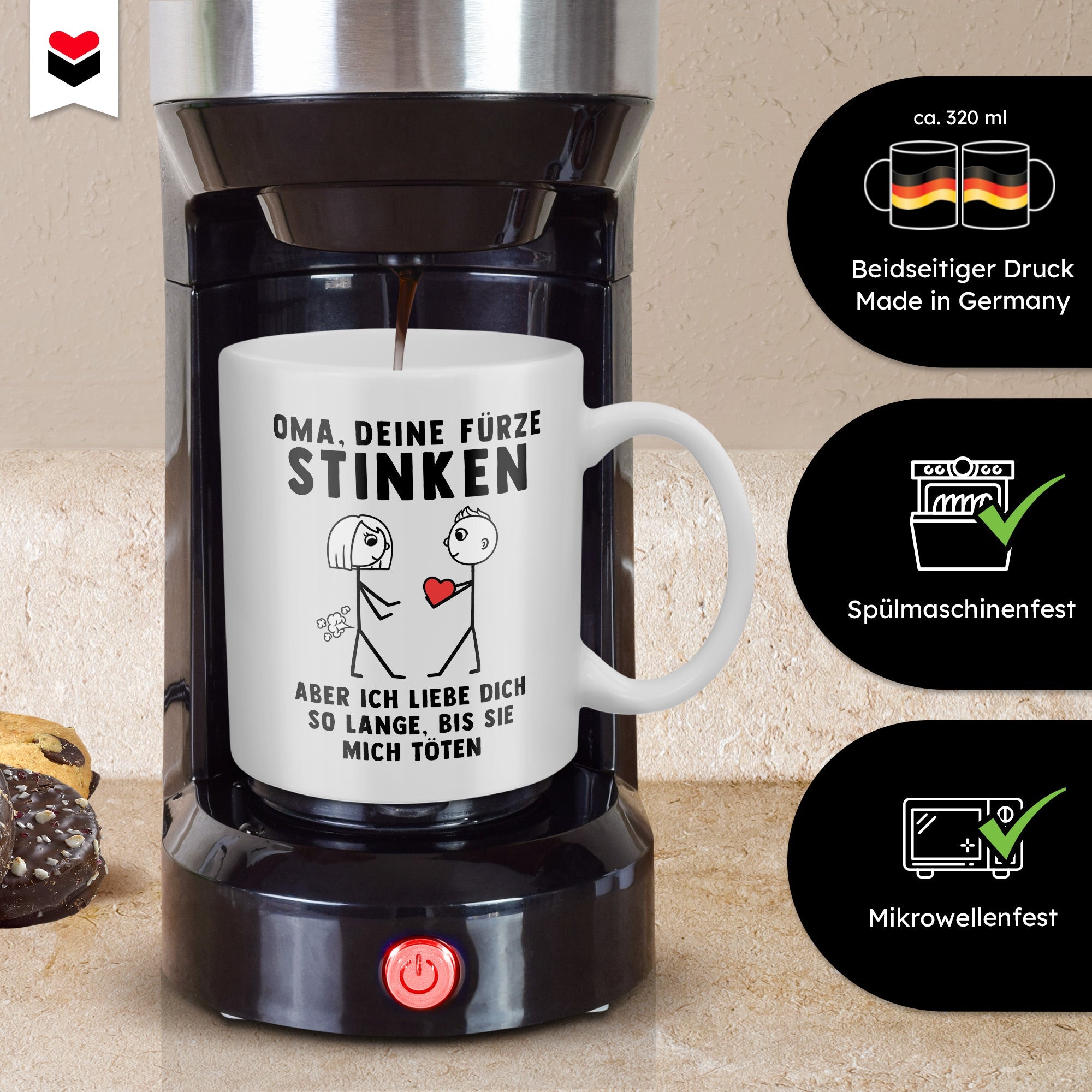 22Feels® Grossmutter Geschenk von Enkel - Spruch-Tasse ORIGINAL - Oma, Deine Fürze Stinken (Weiss, 320ml)-Weisse Tasse 320ml-22Feels