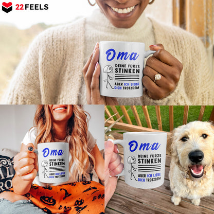 22Feels® ORIGINAL Geschenk-Tasse mit Spruch - Oma, Deine Fürze Stinken (Weiss, 320ml)-Weisse Tasse 320ml-22Feels