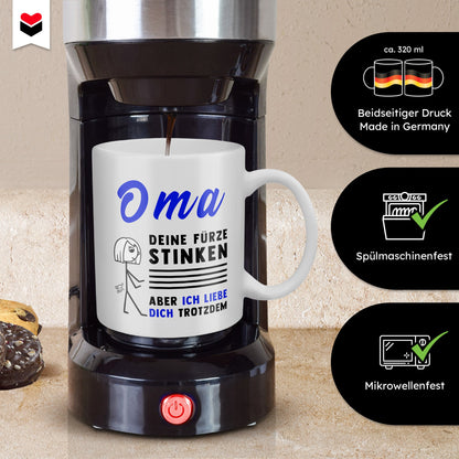 22Feels® ORIGINAL Geschenk-Tasse mit Spruch - Oma, Deine Fürze Stinken (Weiss, 320ml)-Weisse Tasse 320ml-22Feels
