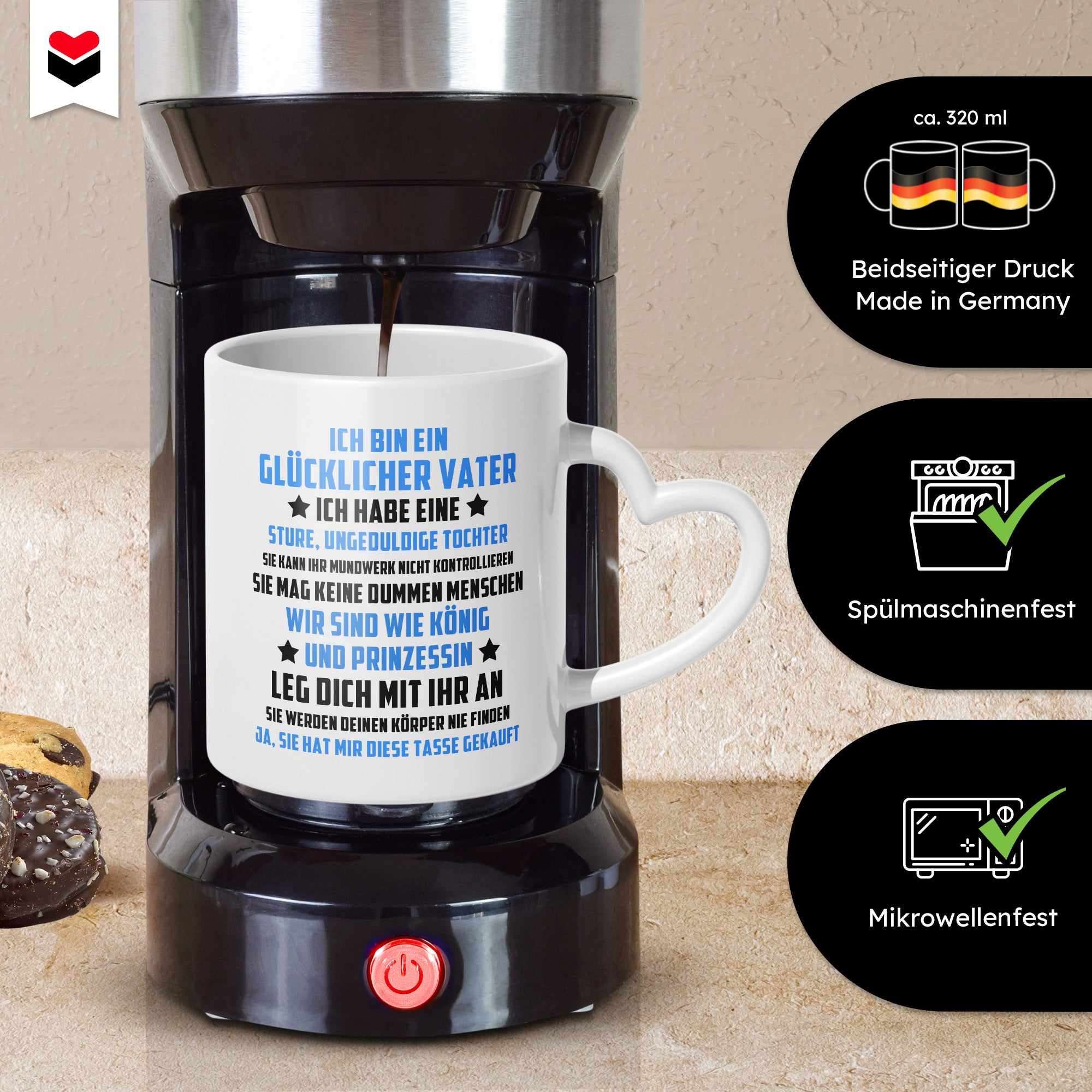 22Feels® Papa Geschenk von Tochter - Tasse mit Spruch: Sture Prinzessin (Herzhenkel, Weiss, 320ml)-Tasse Weiss Herzhenkel 320ml-22Feels