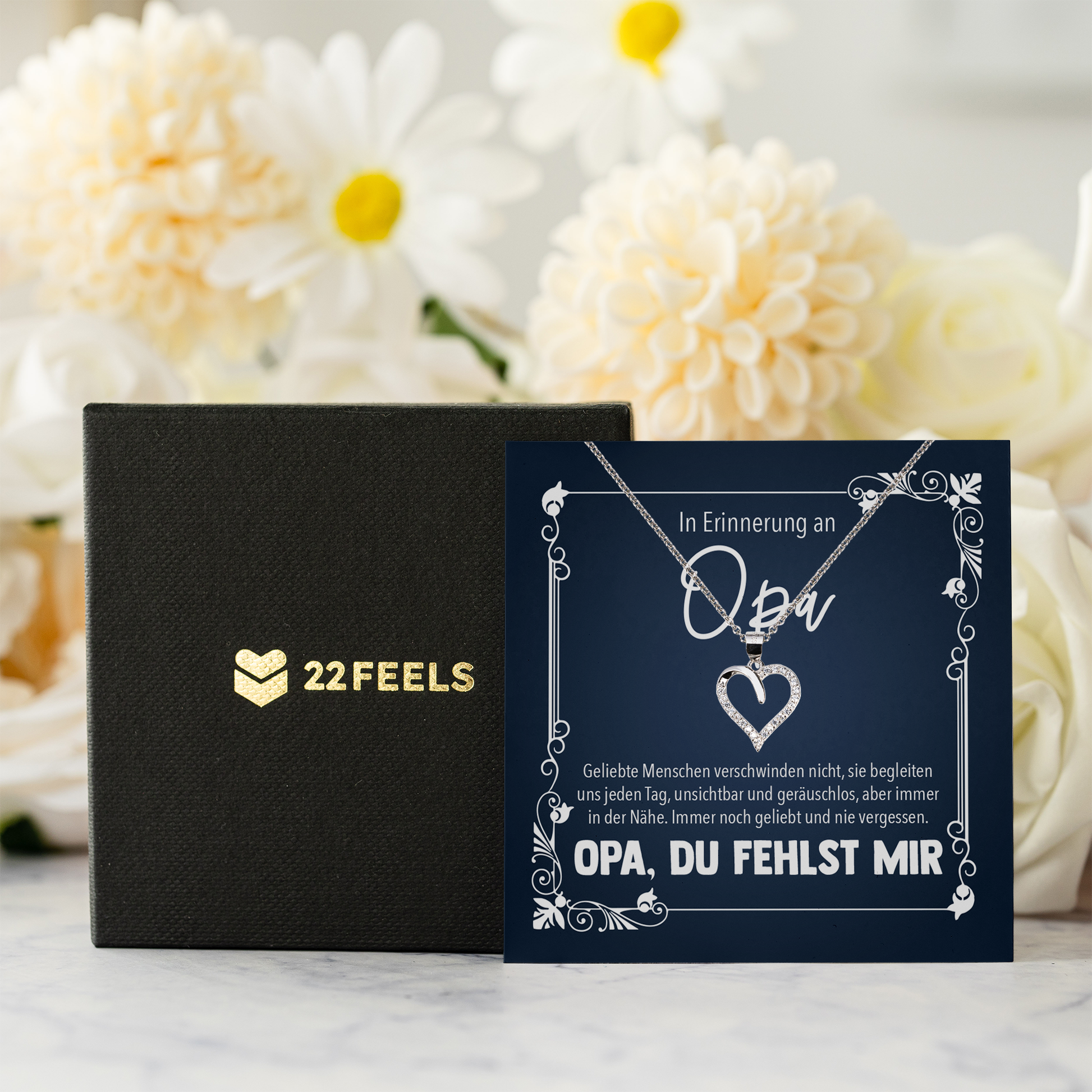 22Feels® In Erinnerung an Opa Kondolenzgeschenk - Echt Silber 925/000 Schmuckset: Herz Halskette mit Botschaftskarte-Schmuck mit Botschaftskarte - Herz21-22Feels
