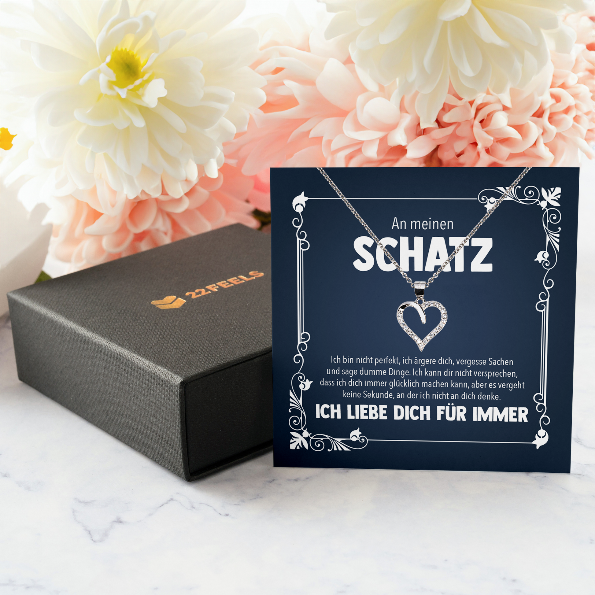 22Feels® Romantisches Geschenk für Frauen zum Hochzeistag, Jahrestag, Valentinstag und co. - Echt Silber 925/000 Schmuckset: Herz Halskette mit Botschaftskarte-Schmuck mit Botschaftskarte - Herz21-22Feels