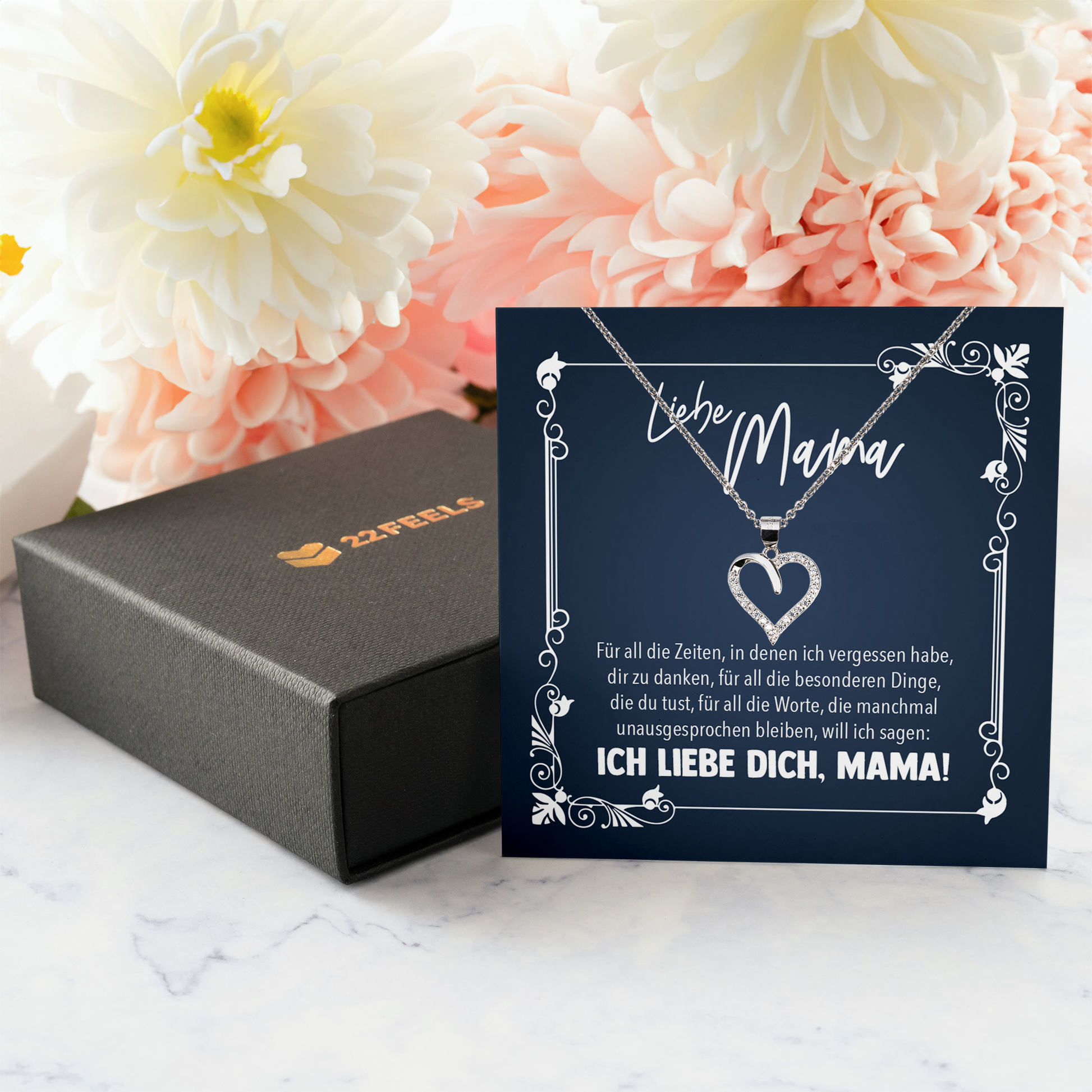 22Feels® Mama Geschenk zum Muttertag, Geburtstag und co. - Echt Silber 925/000 Schmuckset: Herz Halskette mit Botschaftskarte-Schmuck mit Botschaftskarte - Herz21-22Feels