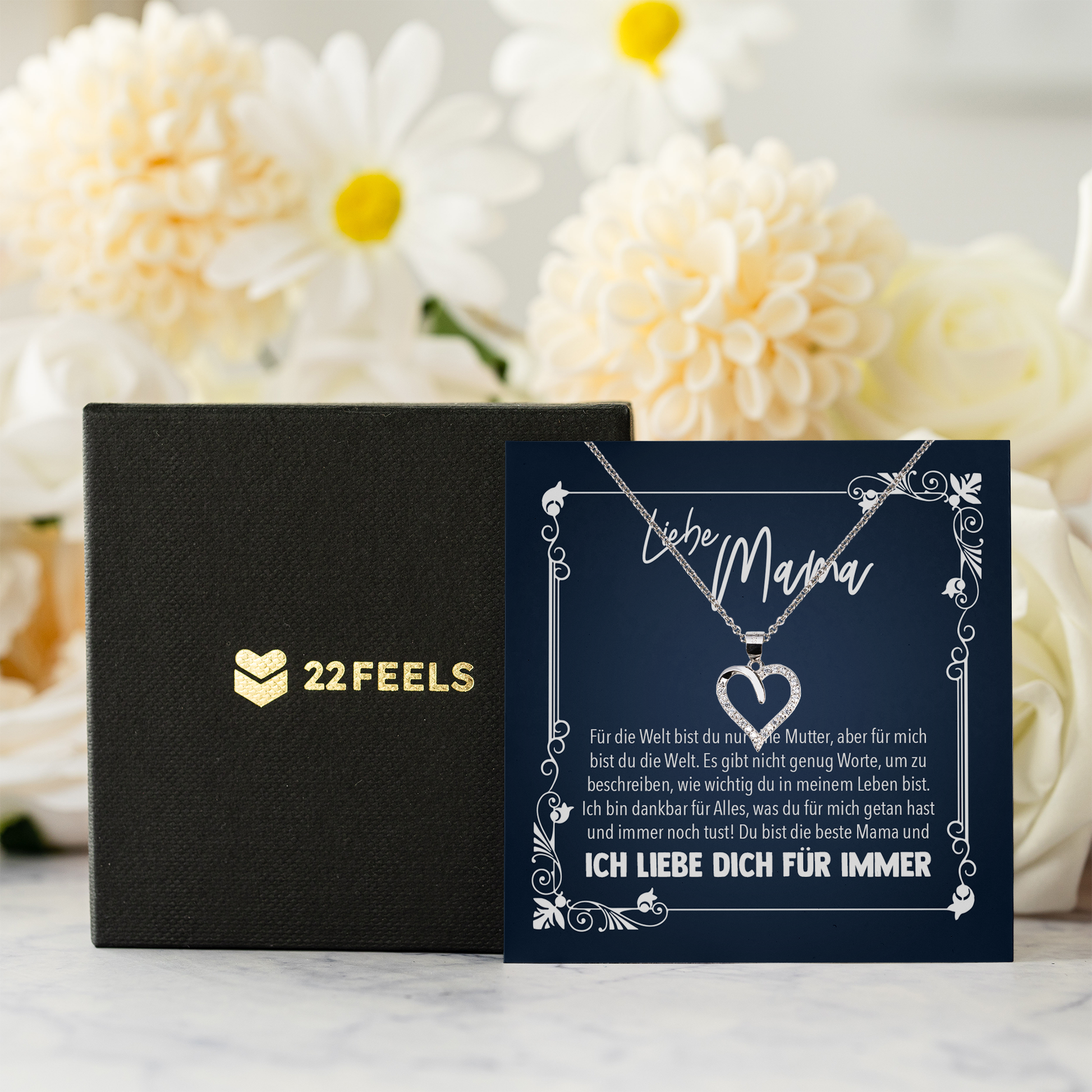 22Feels® Liebe Mama Geschenk zum Muttertag, Geburtstag und co. - Echt Silber 925/000 Schmuckset: Herz Halskette mit Botschaftskarte-Schmuck mit Botschaftskarte - Herz21-22Feels