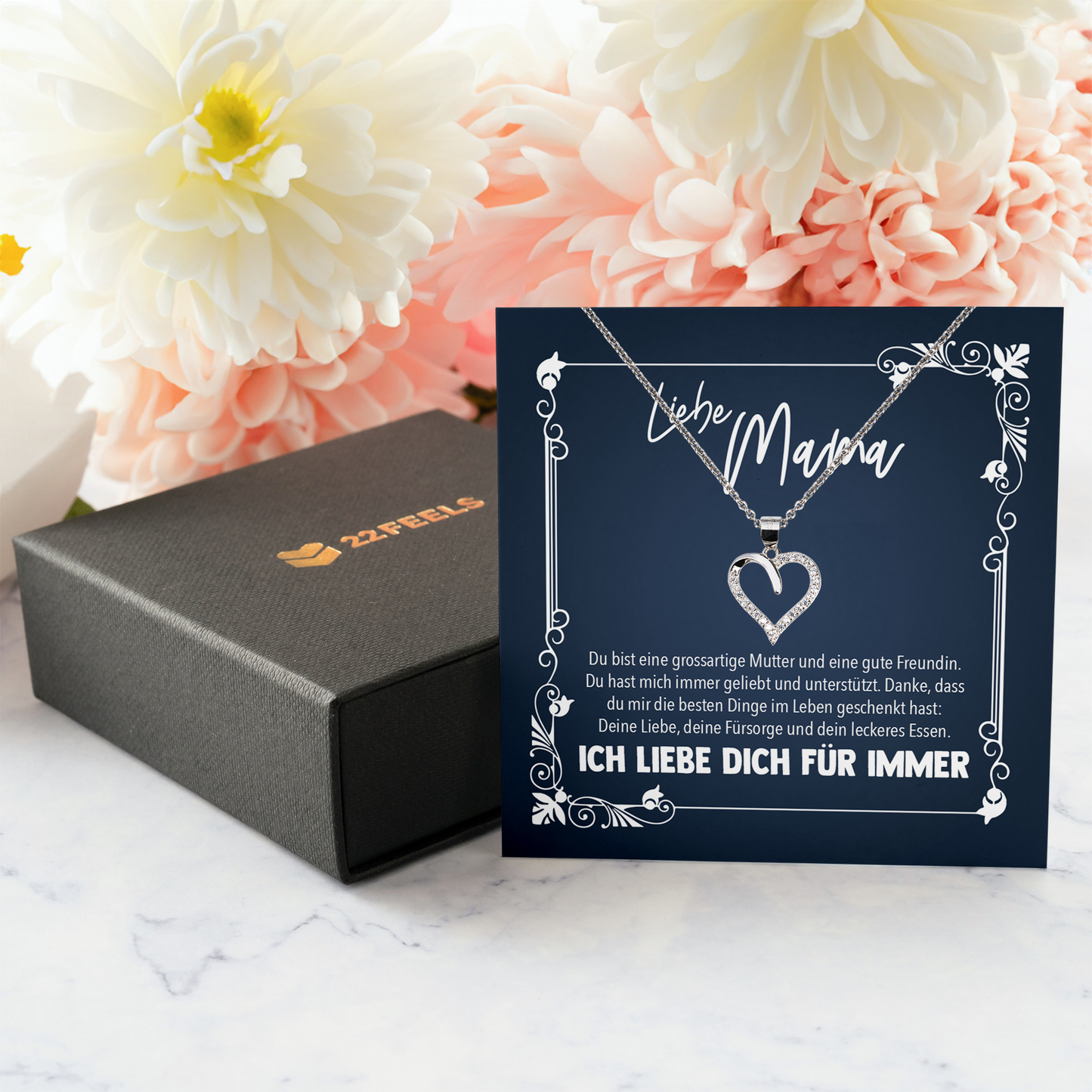 22Feels® Liebe Mama Geschenk zum Muttertag, Geburtstag und co. - Echt Silber 925/000 Schmuckset: Herz Halskette mit Botschaftskarte-Schmuck mit Botschaftskarte - Herz21-22Feels