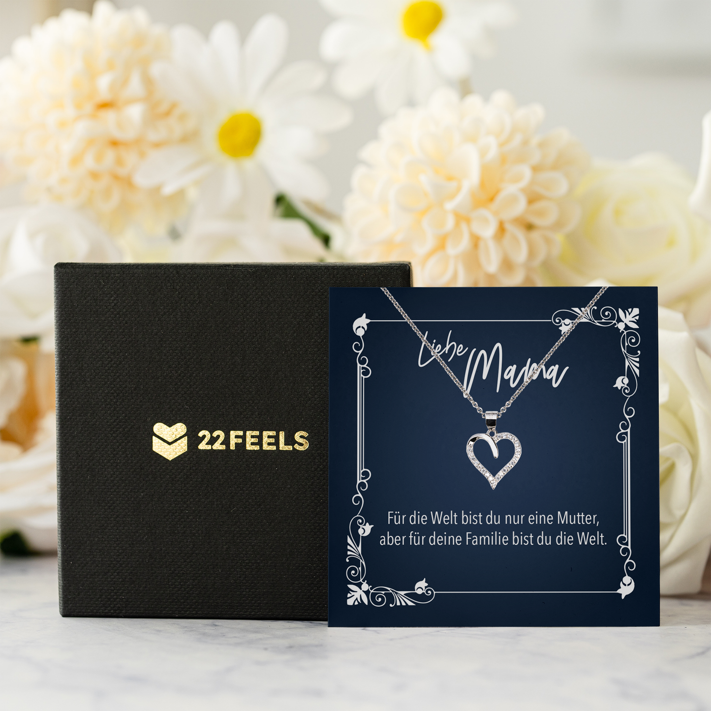 22Feels® Mama Geschenk zum Muttertag, Geburtstag und co. - Echt Silber 925/000 Schmuckset: Herz Halskette mit Botschaftskarte-Schmuck mit Botschaftskarte - Herz21-22Feels