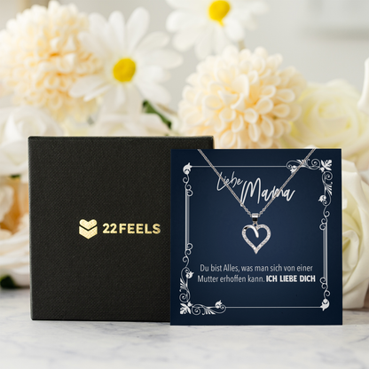 22Feels® Mama Geschenk zum Muttertag, Geburtstag und co. - Echt Silber 925/000 Schmuckset: Herz Halskette mit Botschaftskarte-Schmuck mit Botschaftskarte - Herz21-22Feels