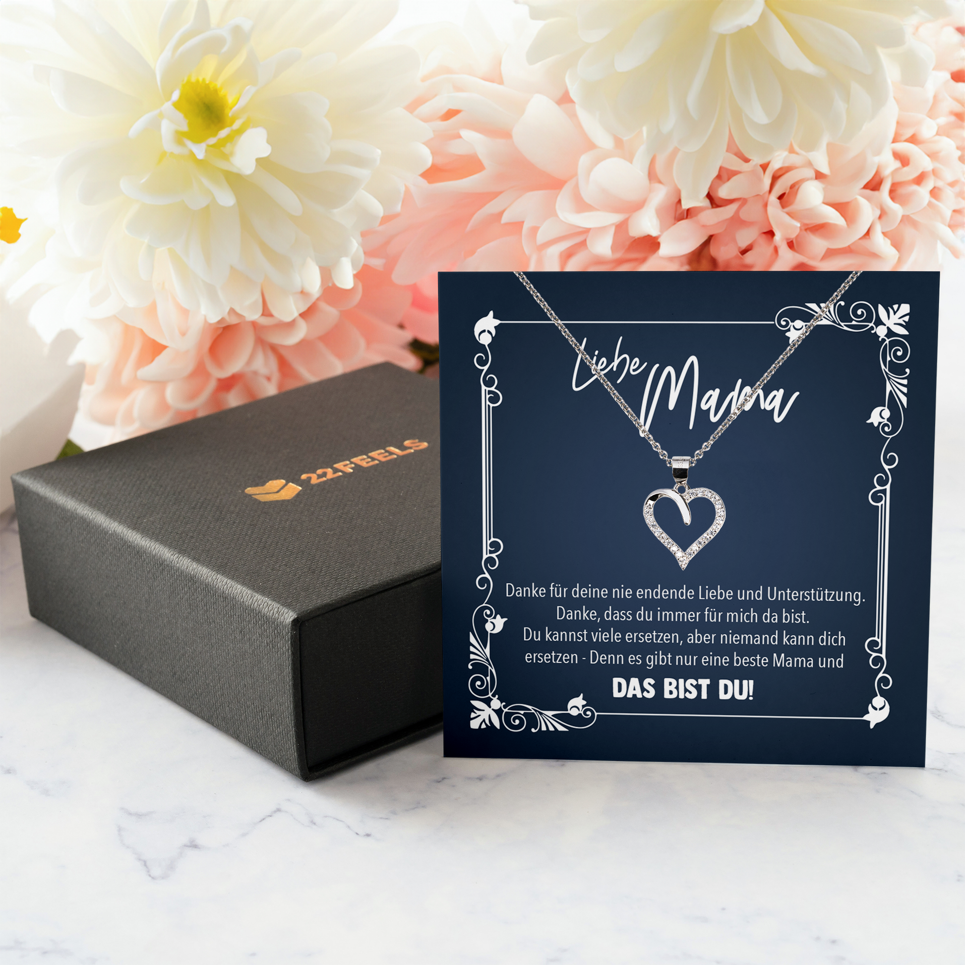 22Feels® Liebe Mama Geschenk zum Muttertag, Geburtstag und co. - Echt Silber 925/000 Schmuckset: Herz Halskette mit Botschaftskarte-Schmuck mit Botschaftskarte - Herz21-22Feels