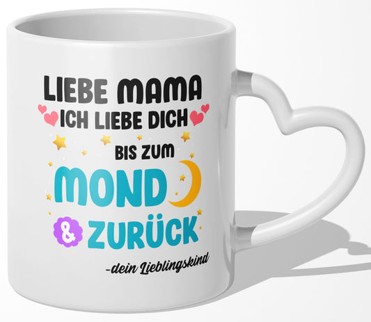 22Feels® Geschenk für Mamas - Tasse mit Spruch: Ich Liebe Dich Bis Zum Mond (Herzhenkel, Weiss, 320ml)-Tasse Weiss Herzhenkel 320ml-22Feels