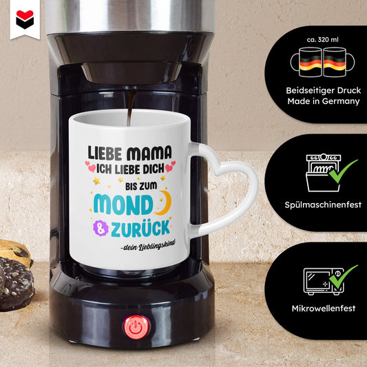 22Feels® Geschenk für Mamas - Tasse mit Spruch: Ich Liebe Dich Bis Zum Mond (Herzhenkel, Weiss, 320ml)-Tasse Weiss Herzhenkel 320ml-22Feels