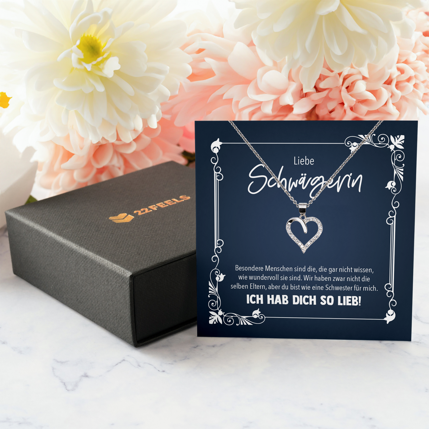 22Feels® Schwägerin Geschenk - Echt Silber 925/000 Schmuckset: Herz Halskette mit Botschaftskarte-Schmuck mit Botschaftskarte - Herz21-22Feels