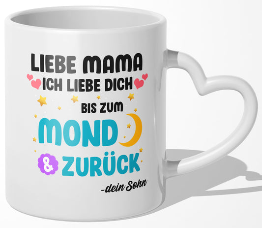 22Feels® Mama Geschenk von Sohn - Tasse mit Spruch: Ich Liebe Dich Bis Zum Mond (Herzhenkel, Weiss, 320ml)-Tasse Weiss Herzhenkel 320ml-22Feels