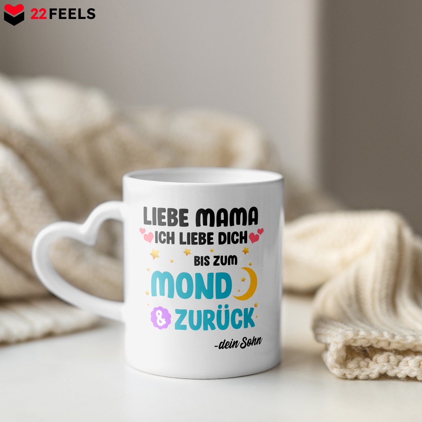 22Feels® Mama Geschenk von Sohn - Tasse mit Spruch: Ich Liebe Dich Bis Zum Mond (Herzhenkel, Weiss, 320ml)-Tasse Weiss Herzhenkel 320ml-22Feels