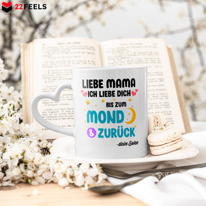 22Feels® Mama Geschenk von Sohn - Tasse mit Spruch: Ich Liebe Dich Bis Zum Mond (Herzhenkel, Weiss, 320ml)-Tasse Weiss Herzhenkel 320ml-22Feels