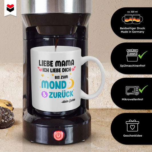 22Feels® Geschenk für Mama von Sohn - Tasse mit Spruch: Ich Liebe Dich Bis Zum Mond (Weiss, 320ml)-Weisse Tasse 320ml-22Feels