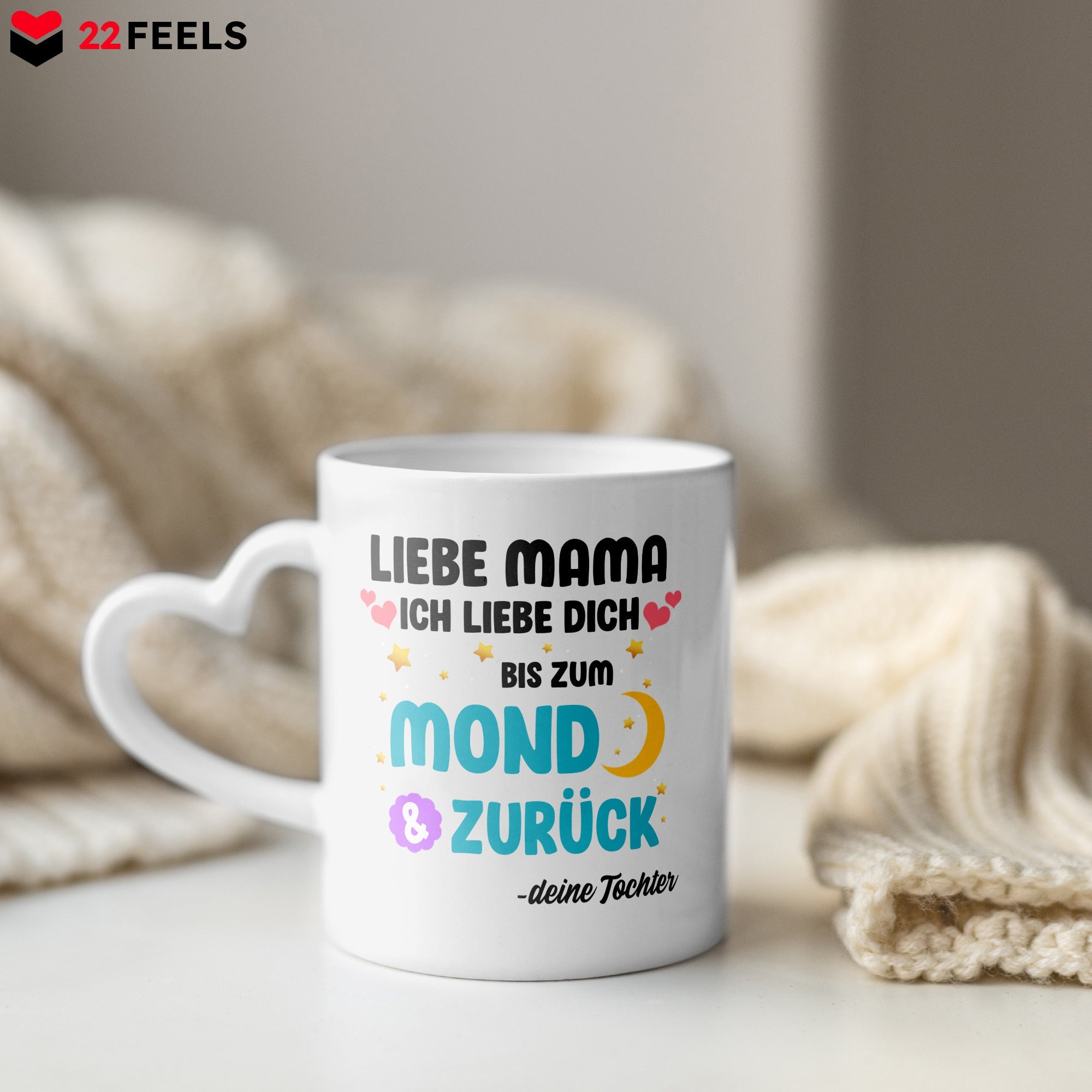 22Feels® Mama Geschenk von Tochter - Tasse mit Spruch: Ich Liebe Dich Bis Zum Mond (Herzhenkel, Weiss, 320ml)-Tasse Weiss Herzhenkel 320ml-22Feels
