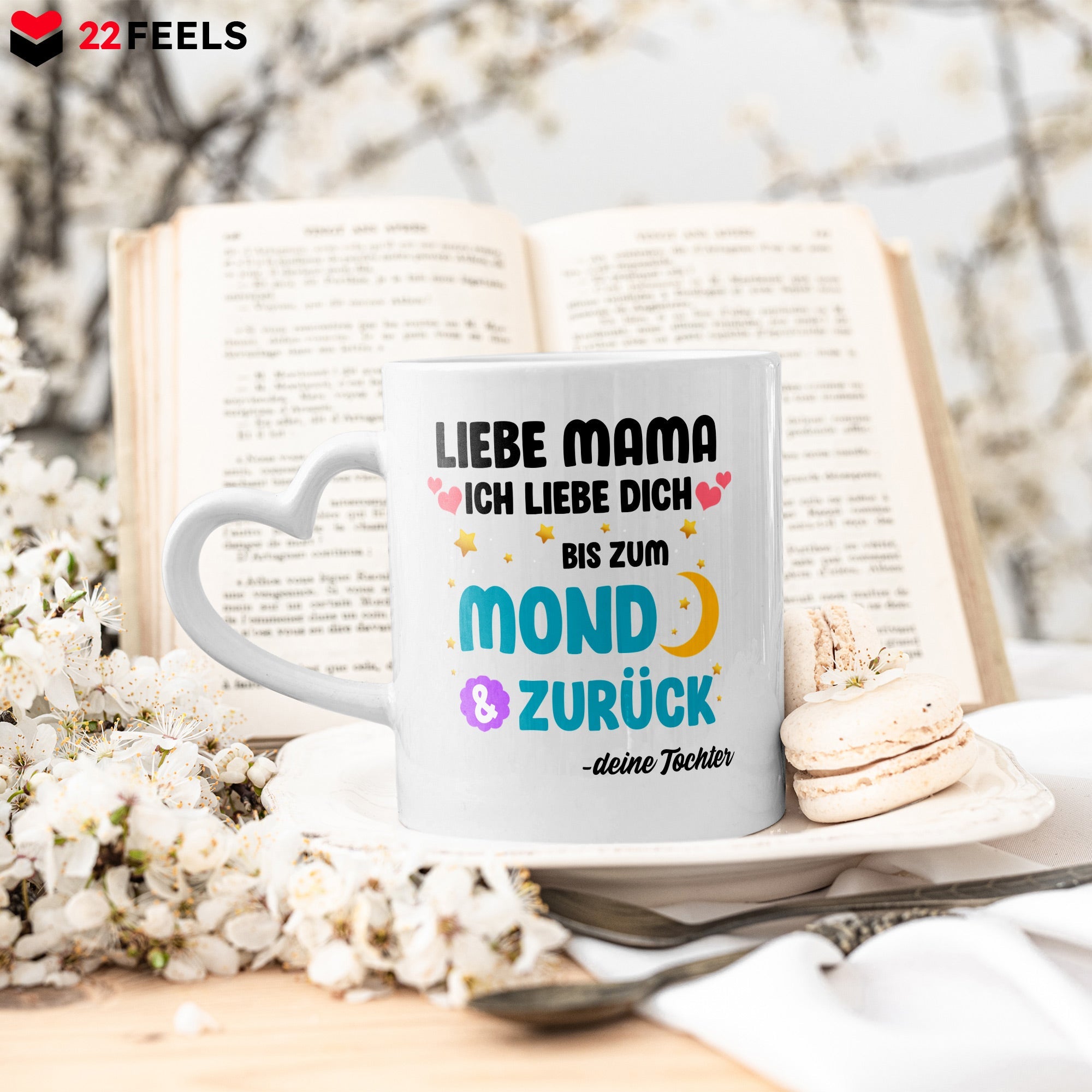 22Feels® Mama Geschenk von Tochter - Tasse mit Spruch: Ich Liebe Dich Bis Zum Mond (Herzhenkel, Weiss, 320ml)-Tasse Weiss Herzhenkel 320ml-22Feels