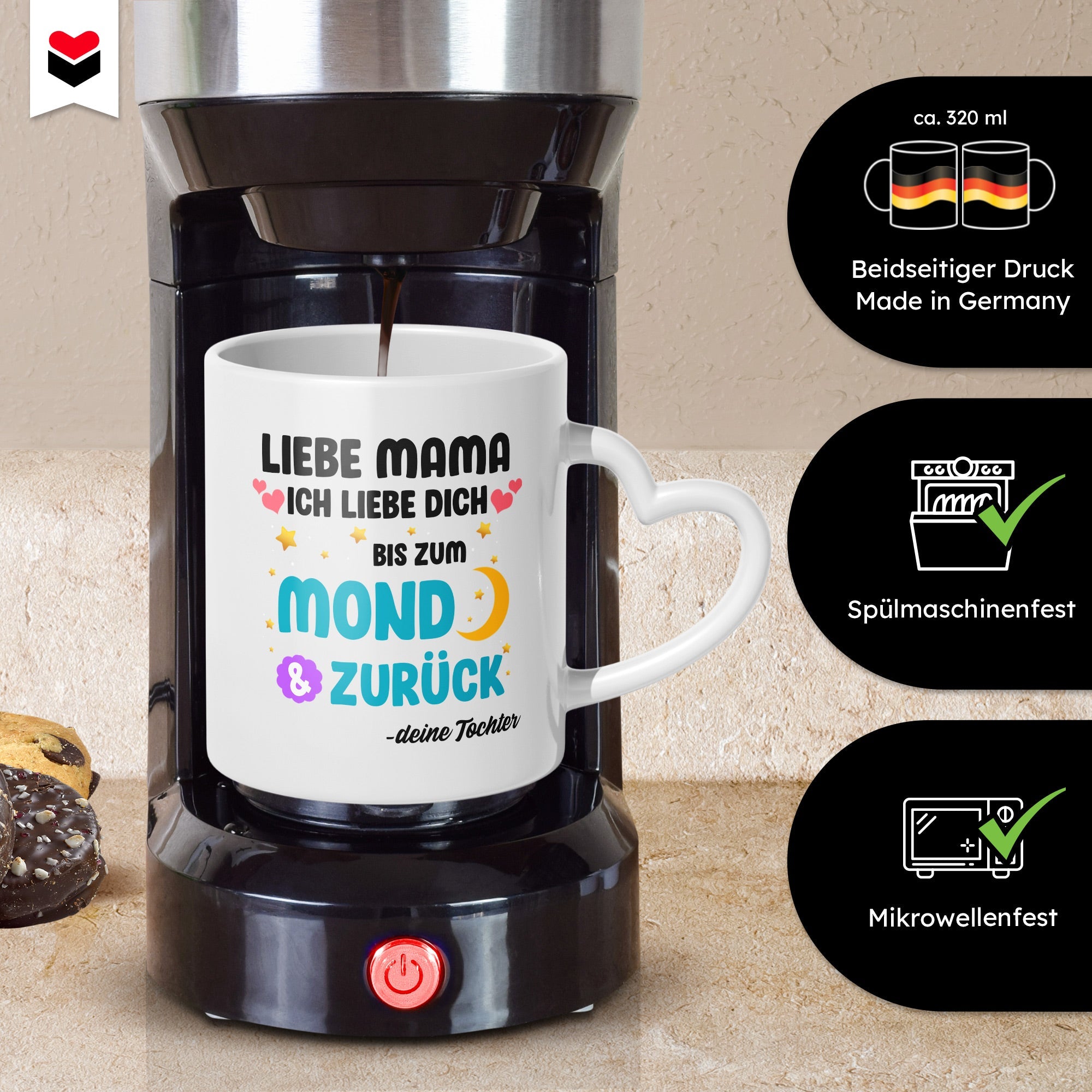 22Feels® Mama Geschenk von Tochter - Tasse mit Spruch: Ich Liebe Dich Bis Zum Mond (Herzhenkel, Weiss, 320ml)-Tasse Weiss Herzhenkel 320ml-22Feels