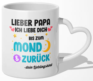 22Feels® Geschenk für Papas - Tasse mit Spruch: Ich Liebe Dich Bis Zum Mond (Herzhenkel, Weiss, 320ml)-Tasse Weiss Herzhenkel 320ml-22Feels
