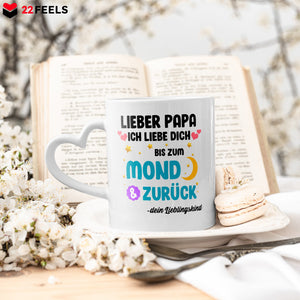 22Feels® Geschenk für Papas - Tasse mit Spruch: Ich Liebe Dich Bis Zum Mond (Herzhenkel, Weiss, 320ml)-Tasse Weiss Herzhenkel 320ml-22Feels