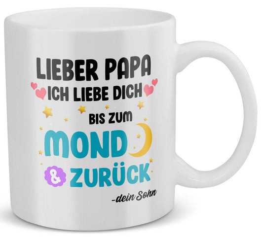 22Feels® Geschenk für Papa von Sohn - Spruch: Ich Liebe Dich Bis Zum Mond (Weiss, 320ml)-Weisse Tasse 320ml-22Feels