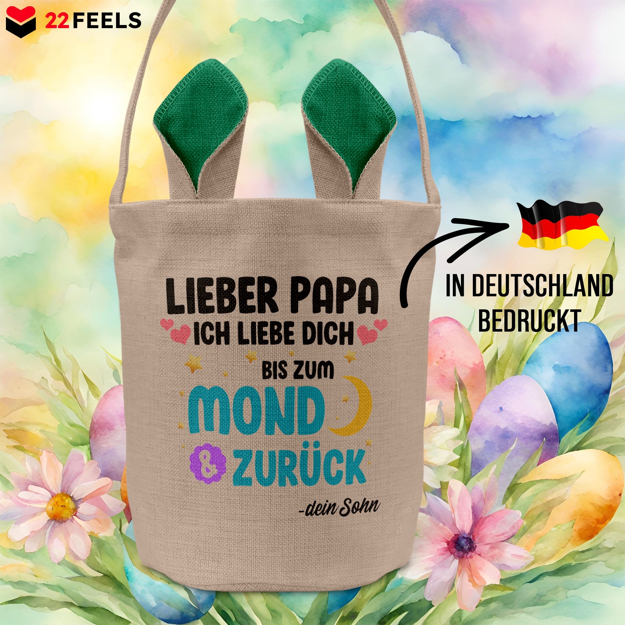 22Feels® Papa Osterkorb von Sohn Vater mit Henkel Ostergeschenk Tragetasche Ostern Deko Osternest Körbchen Hasenohren (Beige/Grün)-Ostern Tragetasche-22Feels