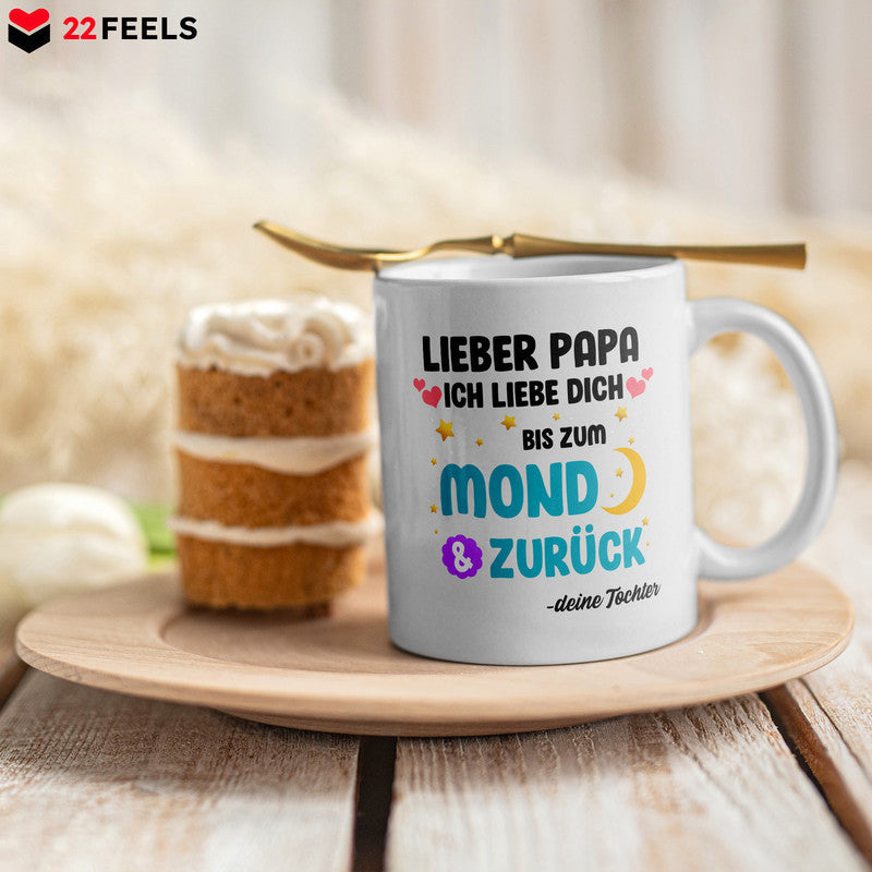 22Feels® Geschenk für Papa von Tochter - Spruch: Ich Liebe Dich Bis Zum Mond (Weiss, 320ml)-Weisse Tasse 320ml-22Feels