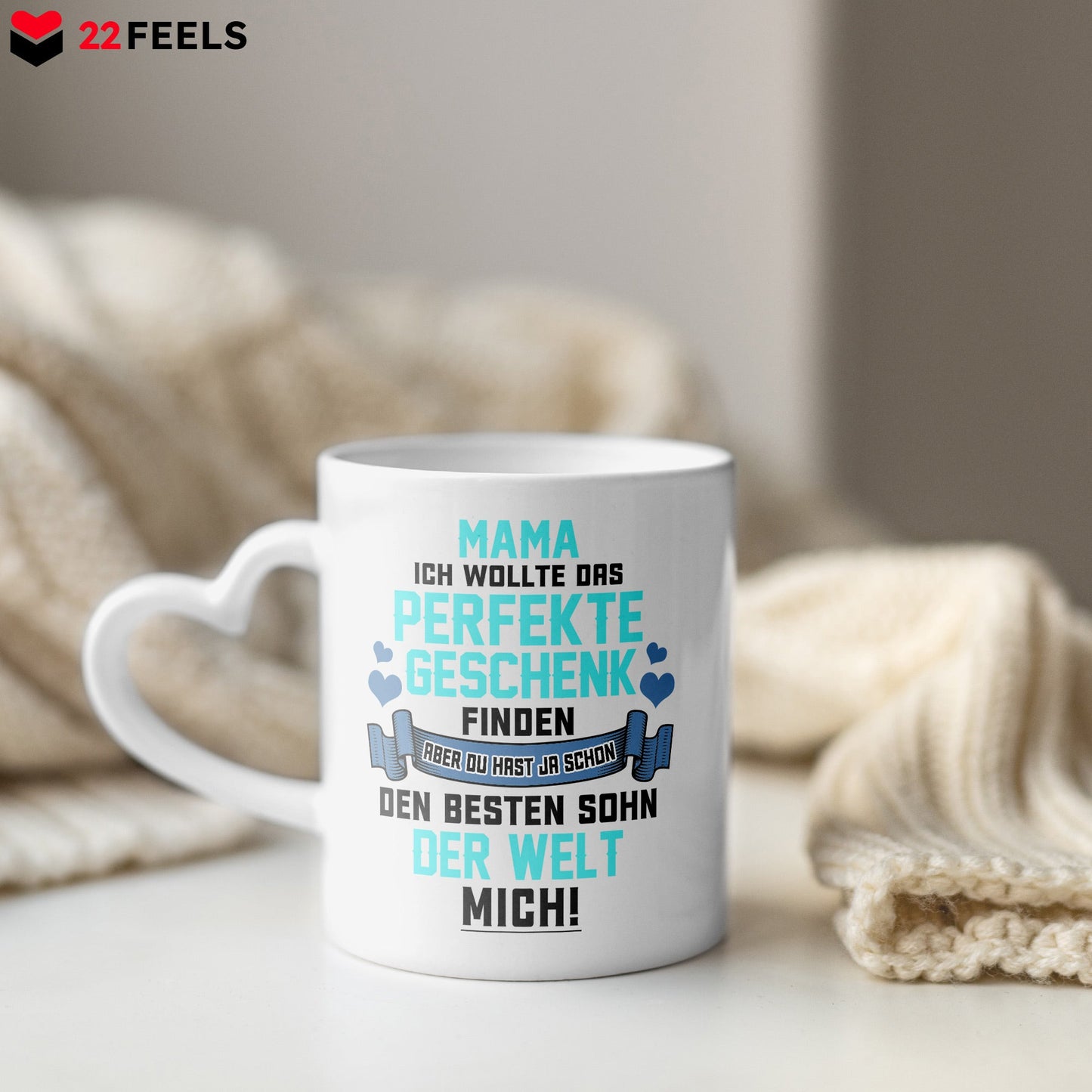 22Feels® Mama Geschenk von Sohn - Tasse mit Spruch: Das Perfekte Geschenk (Herzhenkel, Weiss, 320ml)-Tasse Weiss Herzhenkel 320ml-22Feels