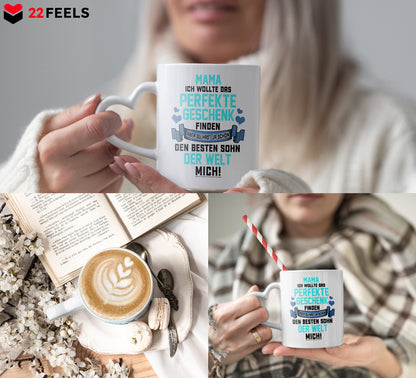 22Feels® Mama Geschenk von Sohn - Tasse mit Spruch: Das Perfekte Geschenk (Herzhenkel, Weiss, 320ml)-Tasse Weiss Herzhenkel 320ml-22Feels