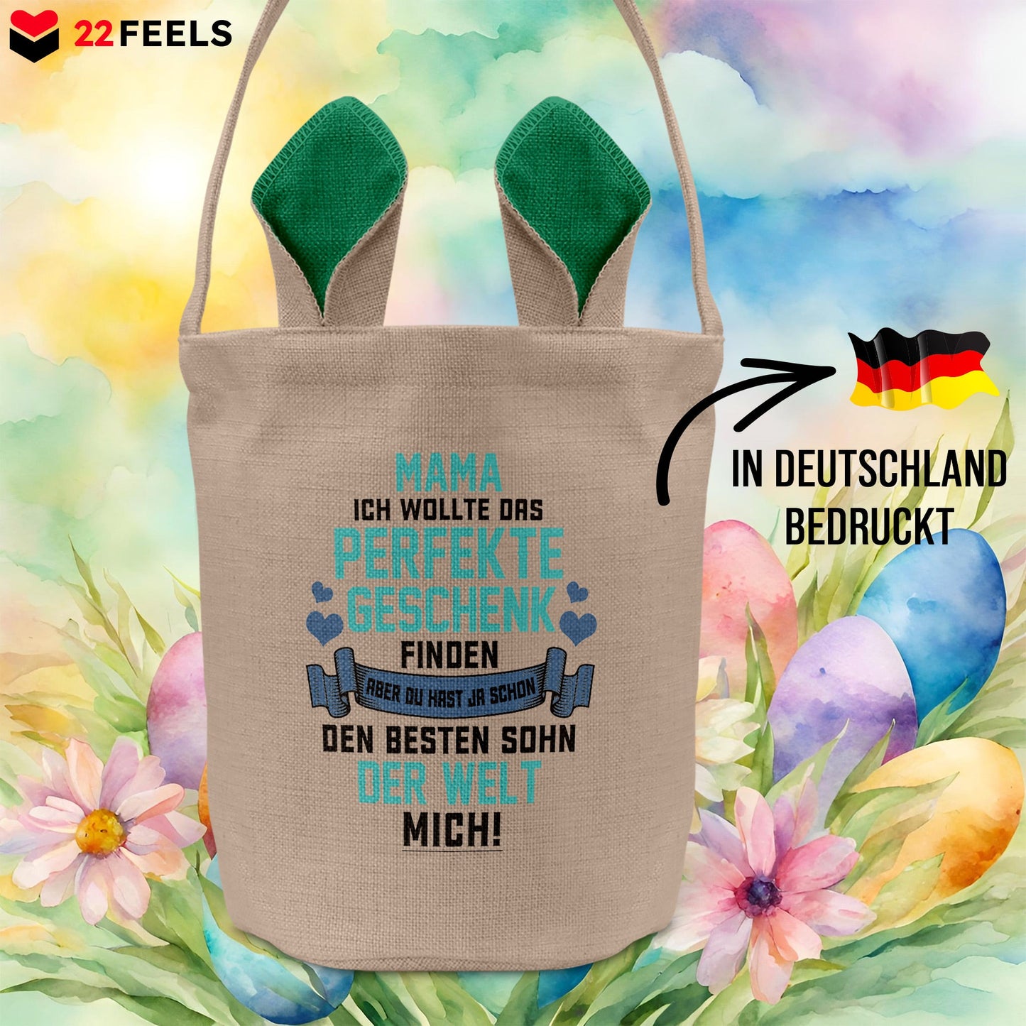 22Feels® Mama Osterkorb von Sohn Mutter mit Henkel Ostergeschenk Tragetasche Ostern Deko Osternest Körbchen Hasenohren (Beige/Grün)-Ostern Tragetasche-22Feels