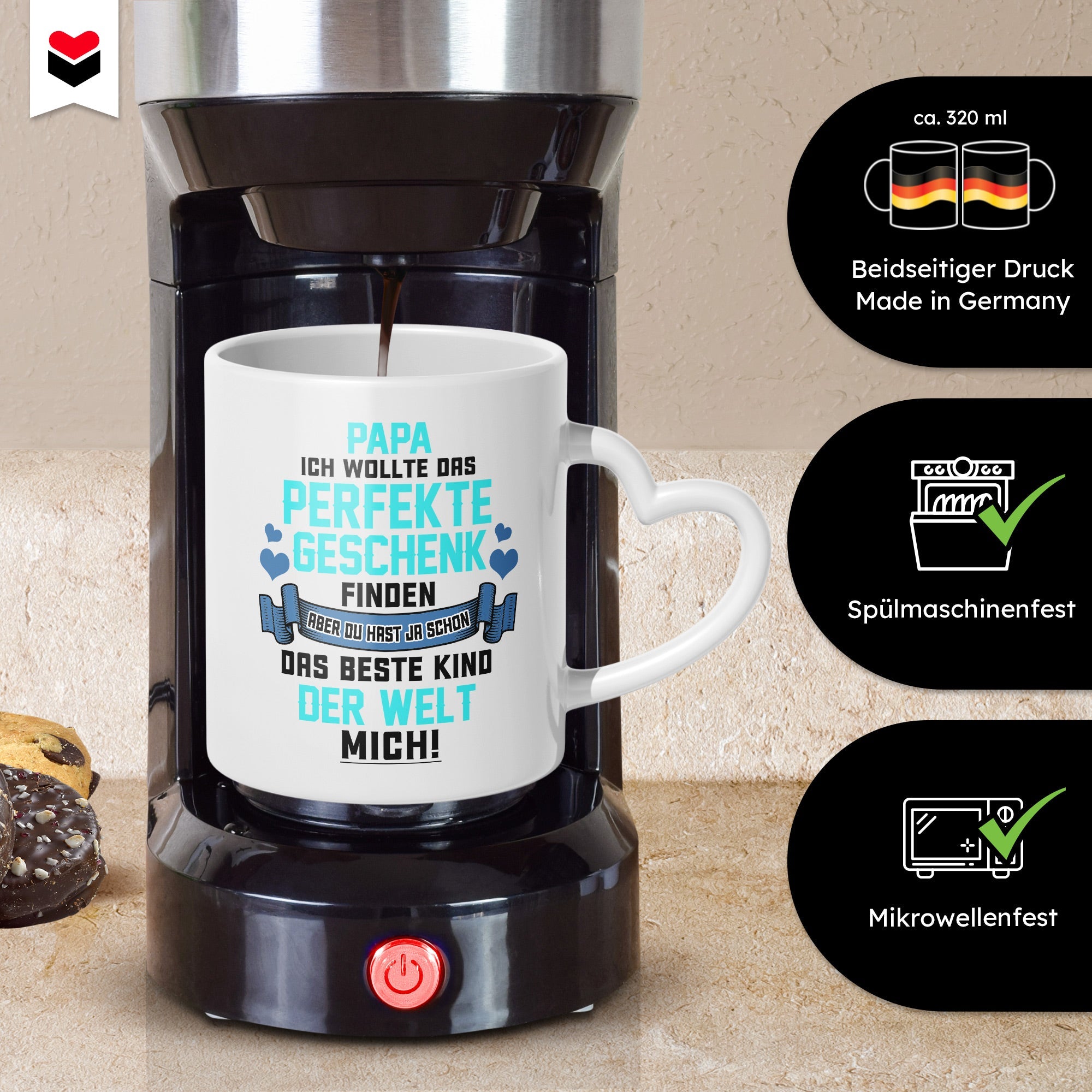 22Feels® Geschenk für Papas - Tasse mit Spruch: Das Perfekte Geschenk (Herzhenkel, Weiss, 320ml)-Tasse Weiss Herzhenkel 320ml-22Feels