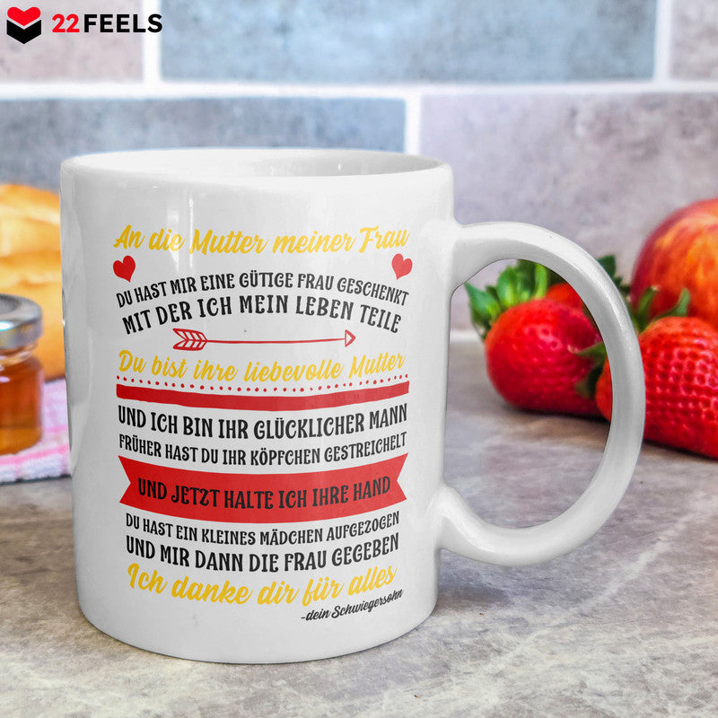 22Feels® Geschenk für Schwiegermutter von Schwiegersohn - Tasse mit Spruch: Du Hast Mir Eine Gütige Frau Geschenkt (Weiss, 320ml)-Weisse Tasse 320ml-22Feels