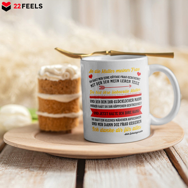 22Feels® Geschenk für Schwiegermutter von Schwiegersohn - Tasse mit Spruch: Du Hast Mir Eine Gütige Frau Geschenkt (Weiss, 320ml)-Weisse Tasse 320ml-22Feels