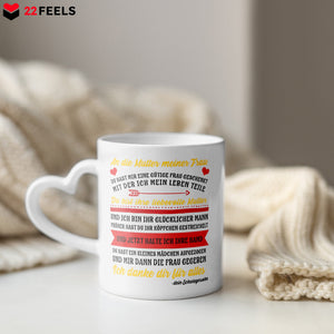 22Feels® Schwiegermutter Geschenk von Schwiegersohn bzw. Bräutigam - Tasse mit Spruch: An die Mutter meiner Frau (Herzhenkel, Weiss, 320ml)-Tasse Weiss Herzhenkel 320ml-22Feels