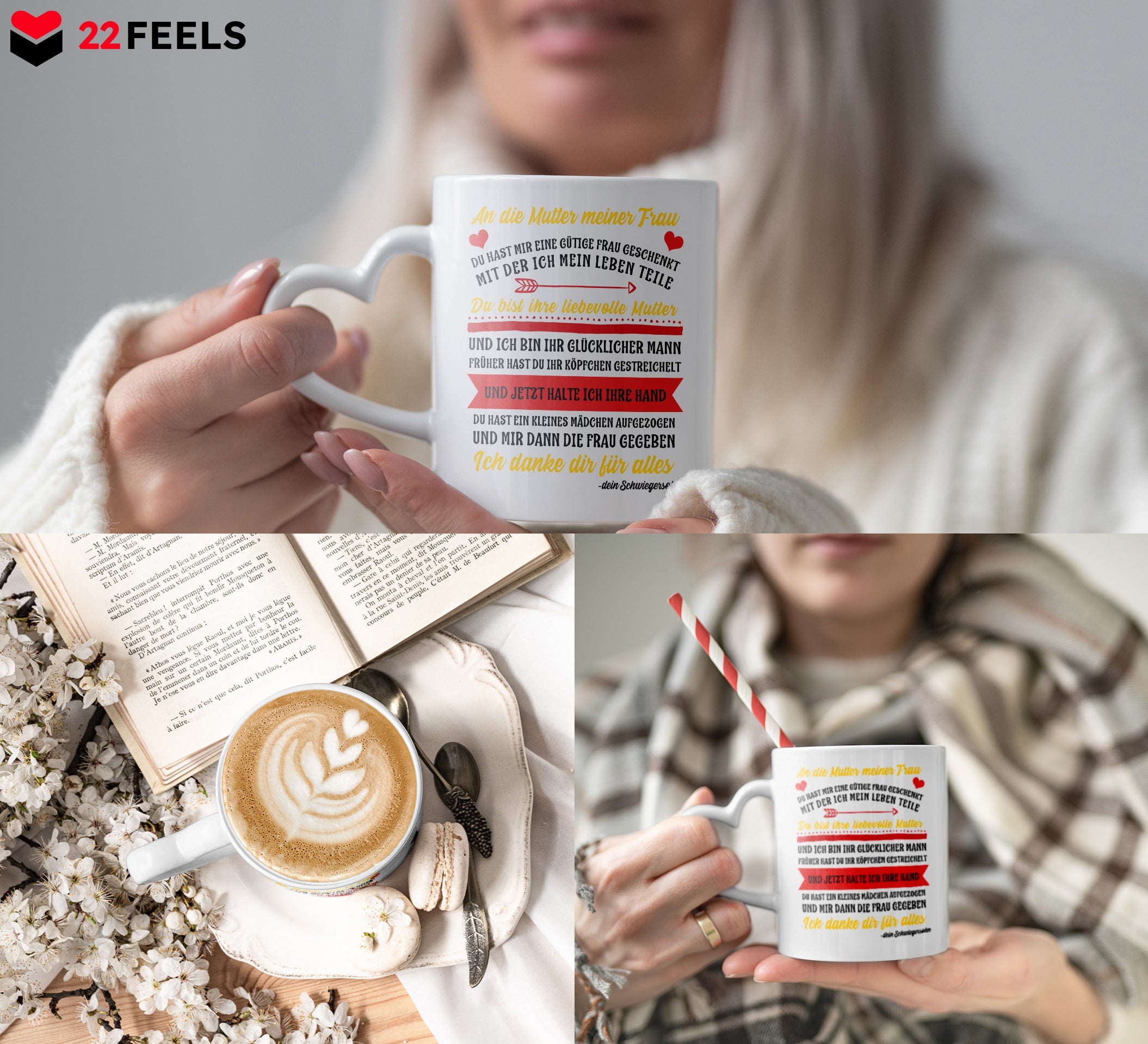 22Feels® Schwiegermutter Geschenk von Schwiegersohn bzw. Bräutigam - Tasse mit Spruch: An die Mutter meiner Frau (Herzhenkel, Weiss, 320ml)-Tasse Weiss Herzhenkel 320ml-22Feels