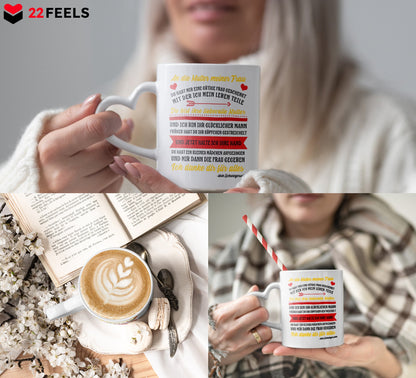22Feels® Schwiegermutter Geschenk von Schwiegersohn bzw. Bräutigam - Tasse mit Spruch: An die Mutter meiner Frau (Herzhenkel, Weiss, 320ml)-Tasse Weiss Herzhenkel 320ml-22Feels