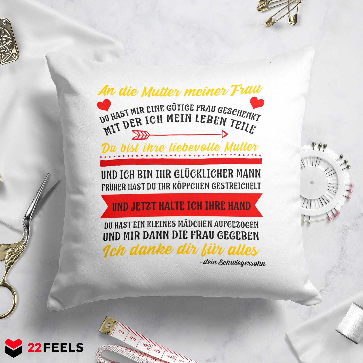 22Feels® Schwiegermutter Geschenk vom Schwiegersohn bzw. Bräutigam - Kissen mit Spruch (Weiss 40x40cm)-Kissen Weiss 40x40-22Feels