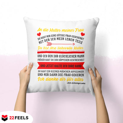 22Feels® Schwiegermutter Geschenk vom Schwiegersohn bzw. Bräutigam - Kissen mit Spruch (Weiss 40x40cm)-Kissen Weiss 40x40-22Feels
