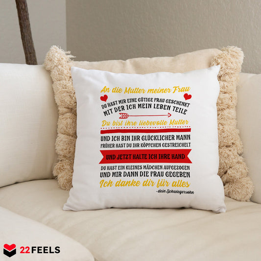 22Feels® Schwiegermutter Geschenk vom Schwiegersohn bzw. Bräutigam - Kissen mit Spruch (Weiss 40x40cm)-Kissen Weiss 40x40-22Feels